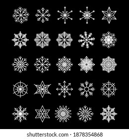 Icon set of snowflake, isolated on a black background. Trendy outline symbols. Pack of icons in line style. Merry Christmas. Happy New Year. Winter. Vector illustration.