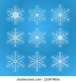 Icon set of snowflakes, 2d illustration on blue gradient background, vector, eps8
