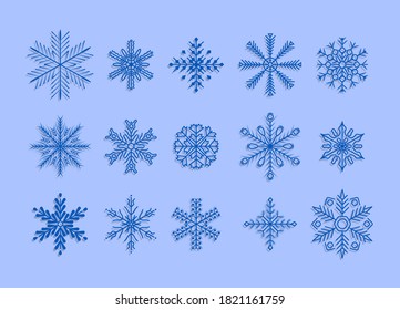 Conjunto de iconos de copos de nieve. Los copos de nieve azules están aislados en un fondo azul. Ilustración vectorial de diseño navideño, EPS 10.