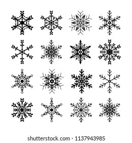 Icon set of snowflakes vector decoration element ornament for winter season greeting calligraphic or doodle style