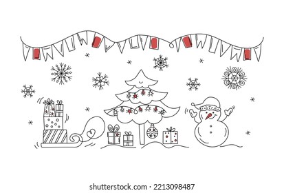 Icon set. Snowman, sled, Christmas tree in the snow.
  Gifts for Christmas, New Year. Vector badges in doodle style for holiday design. Drawings, sketch with black outline. 