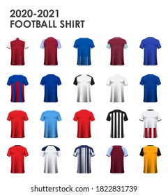 Juego de iconos de equipo de fútbol o diseño de plantilla de maqueta de la camiseta de fútbol para 20 equipos de fútbol inglés. Camisas de fútbol o uniforme deportivo en retrospectiva. Broma de camisa de fútbol realista. Ilustración vectorial.