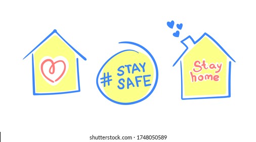 Icon set Social Distancing, stay home in COVID-19 coronavirus outbreak, stay in the house to prevent virus infection. House with a heart with the slogan Stay home design vector.