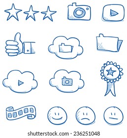 Icon Set Social Media & Award With Cloud, Smiley, Stars, Picture, Video, Files, Hand Drawn Vector Doodle