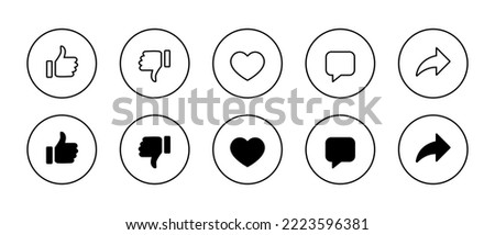 Icon set of social media buttons. Like, dislike, love, comment, and share