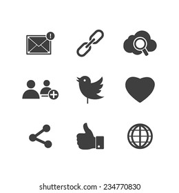 Icon set social network with links Twitter bird cloud mail as Hand chain connects people chat a global network of like heart and contacts in vector illustration