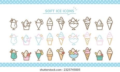 Icon set of soft-serve ice cream and desserts. Collection of ice cream icons in thin line style.