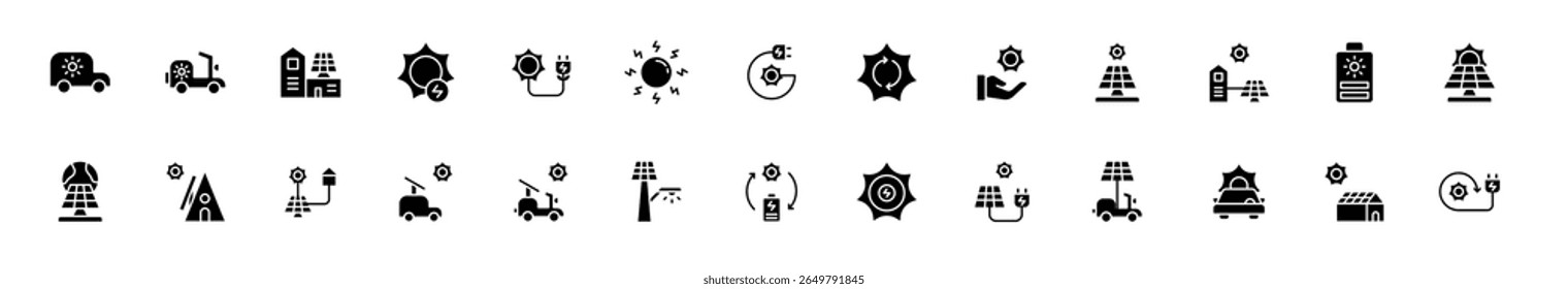Icon set solar energy, energy powered by nature. Include electric vehicle, solar panel, solar generator, greenhouse and rechargeable device. Glyph and solid icon set.
