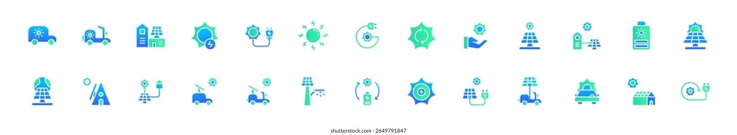 Icon set solar energy, energy powered by nature. Include electric vehicle, solar panel, solar generator, greenhouse and rechargeable device. Flat gradient and colourful icon set.