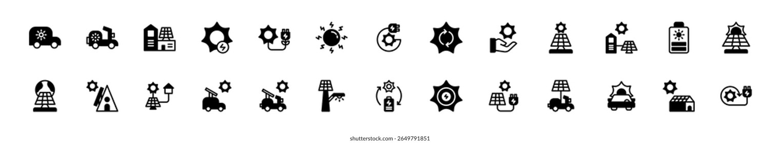 Icon set solar energy, energy powered by nature. Include electric vehicle, solar panel, solar generator, greenhouse and rechargeable device. Glyph and Black Semi Solid icon set.