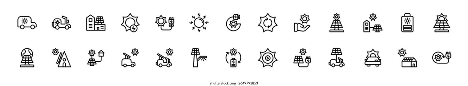 Icon set solar energy, energy powered by nature. Include electric vehicle, solar panel, solar generator, greenhouse and rechargeable device. Outline and Line icon set.