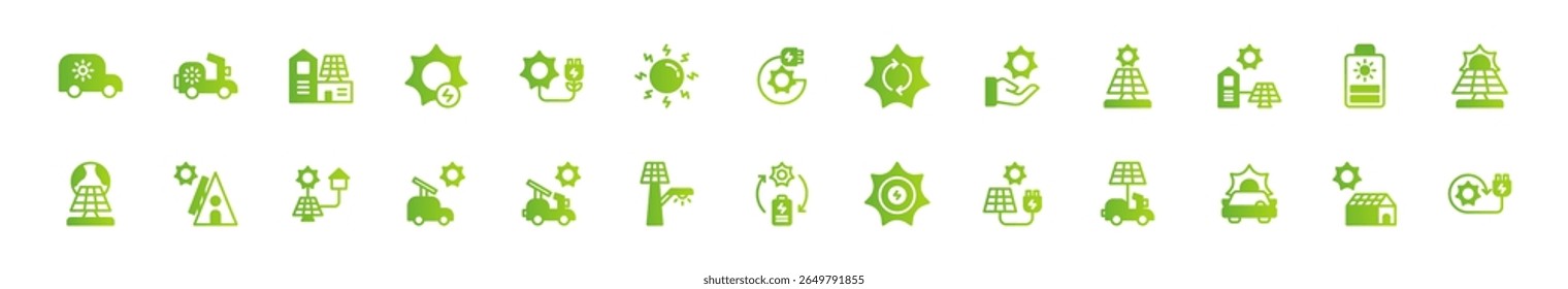 Icon set solar energy, energy powered by nature. Include electric vehicle, solar panel, solar generator, greenhouse and rechargeable device. Green gradient and colourful icon set.
