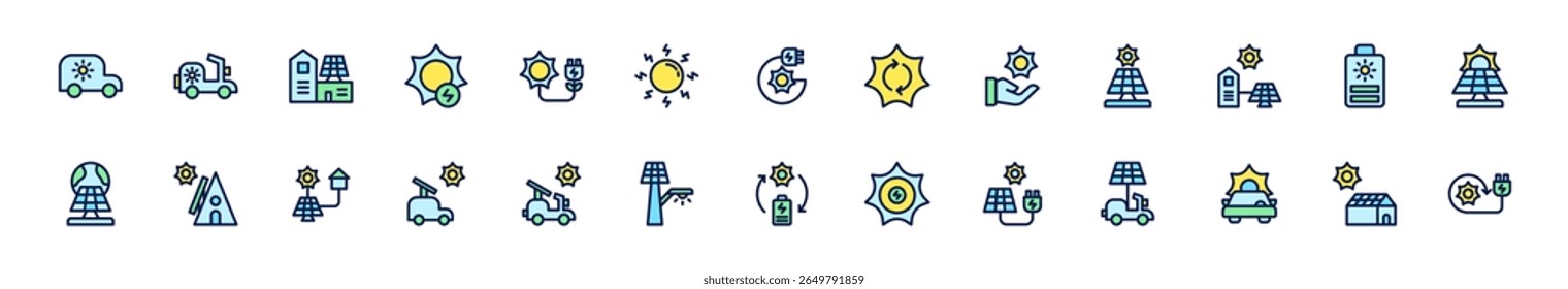 Icon set solar energy, energy powered by nature. Include electric vehicle, solar panel, solar generator, greenhouse and rechargeable device. Colourful and Line color icon set.