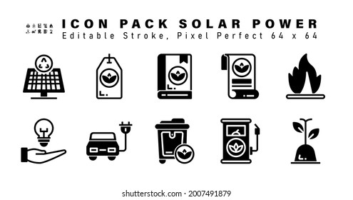 Icon Set of Solar Power Glyph Icons. Contains such Icons as  Bonfire, Save Energy, Electric Car, Bin etc. Editable Stroke. 64 x 64 Pixel Perfect