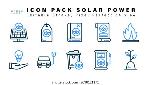 Icon Set of Solar Power Two Color Icons. Contains such Icons as Bonfire, Save Energy, Electric Car, Bin  etc. Editable Stroke. 64 x 64 Pixel Perfect
