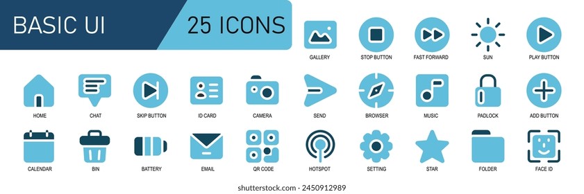 icon set solid style.color blue duo tone.contains browser,music,key,add button,plus,calendar,bin,trash location,battery,email.