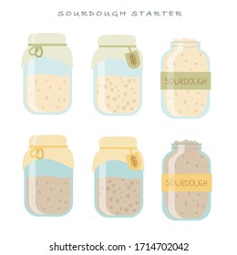 Icon set of sourdough starter for bread in mason jar for home baking.  A jar of ray wheat flour. A jar with a tag on it. Healthy food. Flat cartoon vector illustration on isolated white background.