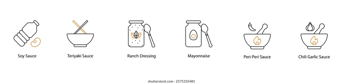 Icon Set: Soy, Teriyaki, Ranch, Mayonnaise, Peri-Peri, and Chili Garlic Sauces