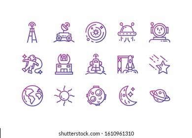 Icon set of space futuristic cosmos outside universe astronomy adventure and exploration theme Vector illustration