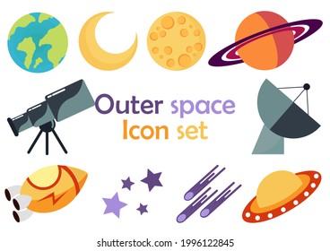 icon set with space theme with rocket, ufo, moon, star, planet, meteor and satellite design