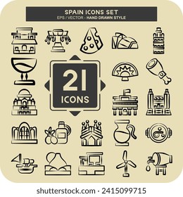 Icon Set Spain. related to Holiday symbol. hand drawn style. simple design editable. simple illustration