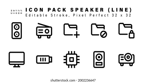 Icon Set of Speaker Line Icons. Contains such Icons as Archive, Computer, Battery Charger, Processor Cpu etc. Editable Stroke. 32 x 32 Pixel Perfect