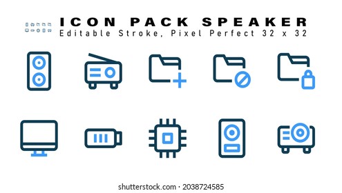Conjunto de iconos de dos iconos de color del altavoz. Contiene iconos como el archivo, el equipo, el cargador de batería, la CPU del procesador, etc. 32 x 32 Pixel Perfecto