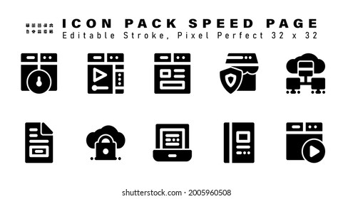 Icon Set of Speed Page Glyph Icons. Contains such Icons as Database, Content, Cloud Security, Laptop etc. Editable Stroke. 32 x 32 Pixel Perfect
