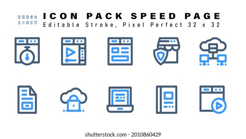 Icon Set of Speed Page Two Color Icons. Contains such Icons as Database, Content, Cloud Security, Laptop etc. Editable Stroke. 32 x 32 Pixel Perfect