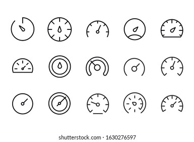 Icon set of speedometer. Editable vector pictograms isolated on a white background. Trendy outline symbols for mobile apps and website design. Premium pack of icons in trendy line style.