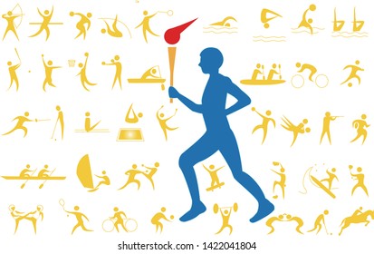 Icon set of sport competition torch runners and competition events.