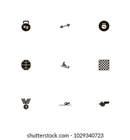 icon set Sport with pool, barbell, weight and gold