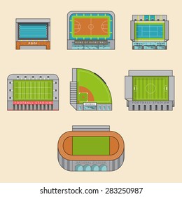 Icon set of sport stadiums building. Vector Illustration.