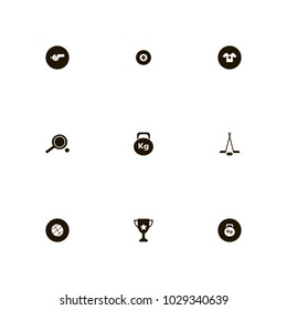 icon set Sport with whistle, ping pong, gym and washer