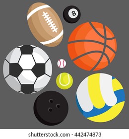 Icon set. Sports balls: football, volleyball, besketbol, golf, tennis, bowling, rugby, snooker