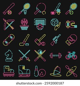 Icon set of sports. Sports elements. Icon in neon style.