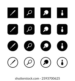 Icon set, sports equipment, minimalist design, black and white, baseball bat, tennis racket, ping pong paddle, bowling pin, square icons, circular icons, rounded square icons, vector graphics.