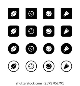 Icon set, sports equipment, minimalist design, black and white, baseball bat, tennis racket, ping pong paddle, bowling pin, square icons, circular icons, rounded square icons, vector graphics.