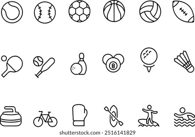 Conjunto de iconos de deportes de fútbol baloncesto voleibol golf gimnasio esquí boxeo tenis. Iconos de línea delgada Ilustraciones vectoriales planas aisladas sobre fondo blanco transparente