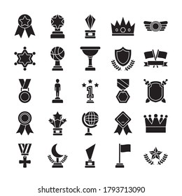 icon set sports trophies and badges over white background, silhouette style, vector illustration
