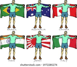 Icon set of sportsman with Brazil, Australia, Canada, India, Japan and Italy flag draped across their shoulder. Hand drawn vector illustration.