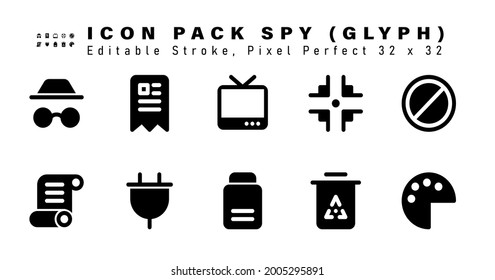 Symbolsatz der Spy-Glyphe-Symbole. Enthält Symbole wie Stopp, News, Plug, Electronic etc. Bearbeitbare Stroke. 32 x 32 Pixel perfekt