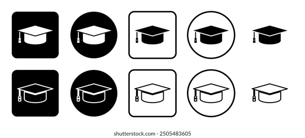 Icon set of square academic cap symbol. Filled, outline, black and white icons set, flat style.  Vector illustration on white background