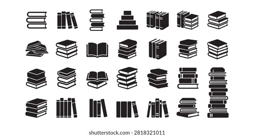 Icon set of stacks and piles of books with education knowledge literature university hardcover paperback research learning information academic bookcase textbook dictionary backtoschool