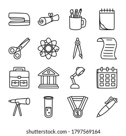 Symbolsatz für Stapler und Schulbedarf auf weißem Hintergrund, Linienstil, Vektorgrafik