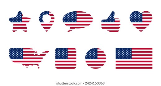 Icon set with star, heart, map, pin, speech bubble and thumb up of USA flag color. Symbols or signs isolated on white. Vector clipart, illustration of event or national holidays in United States.