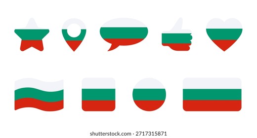 Conjunto de iconos con estrella, corazón, mapa, pin, burbuja de discurso y pulgar hacia arriba de los colores de la bandera de Bulgaria. Símbolos o signos aislados en blanco. Clipart de Vector, ilustración de evento búlgaro o días festivos nacionales.