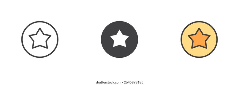 Icon set of a star inside a circle presented in line, solid, and filled outline color versions. Vector star symbol and glyph for favorites and ratings.