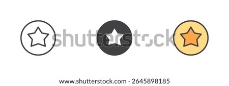 Icon set of a star inside a circle presented in line, solid, and filled outline color versions. Vector star symbol and glyph for favorites and ratings.