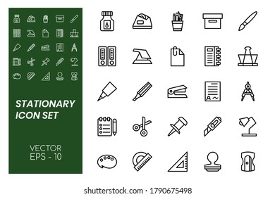 Icon Set of Stationary Object with Line Concept Isolated on White Background. This Bundle Consists of 25 Icon, paperclip, compass, stamp, pencil, stationery, etc. - Vector Illustration. 

